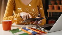 Social media and Marketing virtual icons screen tablet.
