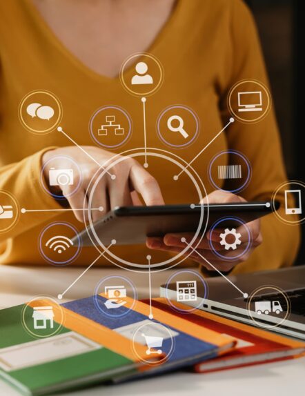 Social media and Marketing virtual icons screen tablet.